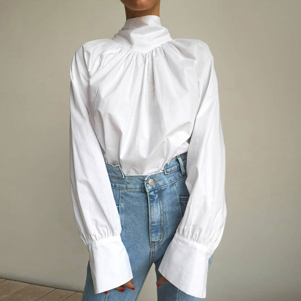 Fabulous Solid Color Ruched Bow Tie Trim High Neck Long Sleeve Blouse - White