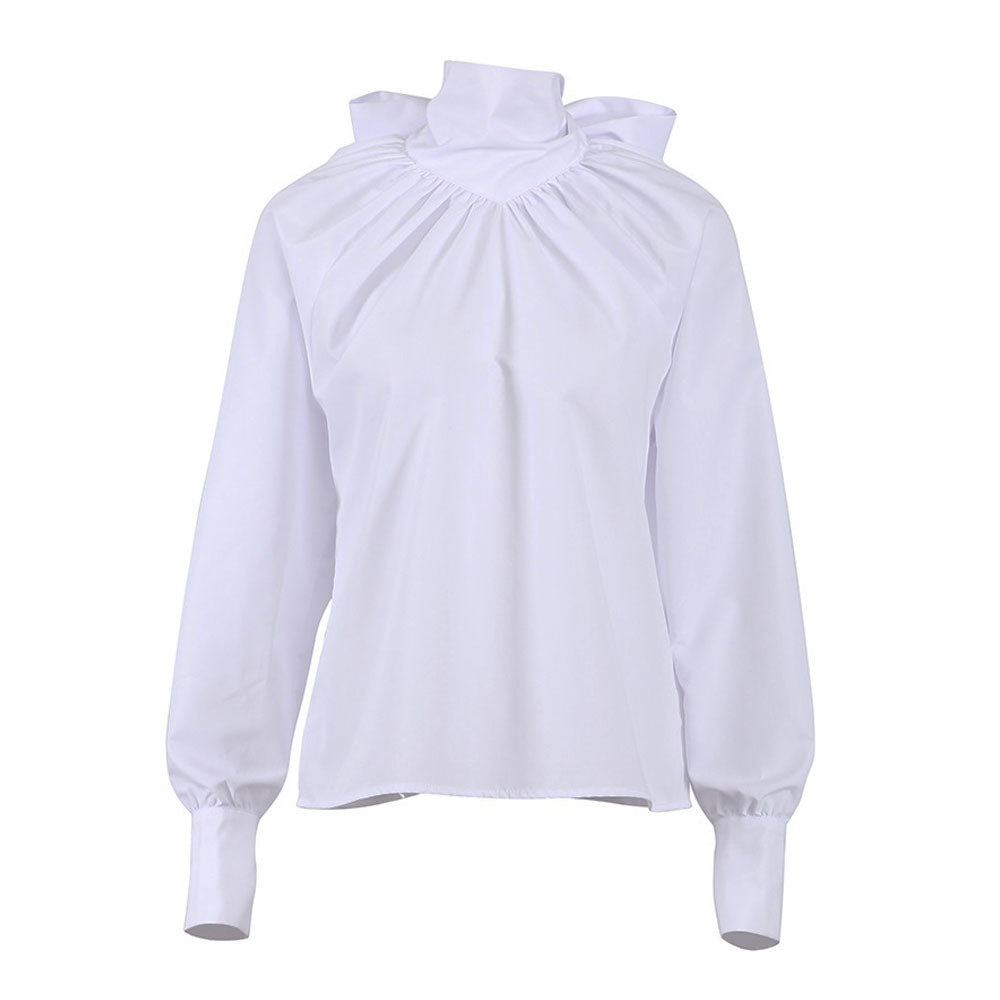Fabulous Solid Color Ruched Bow Tie Trim High Neck Long Sleeve Blouse - White