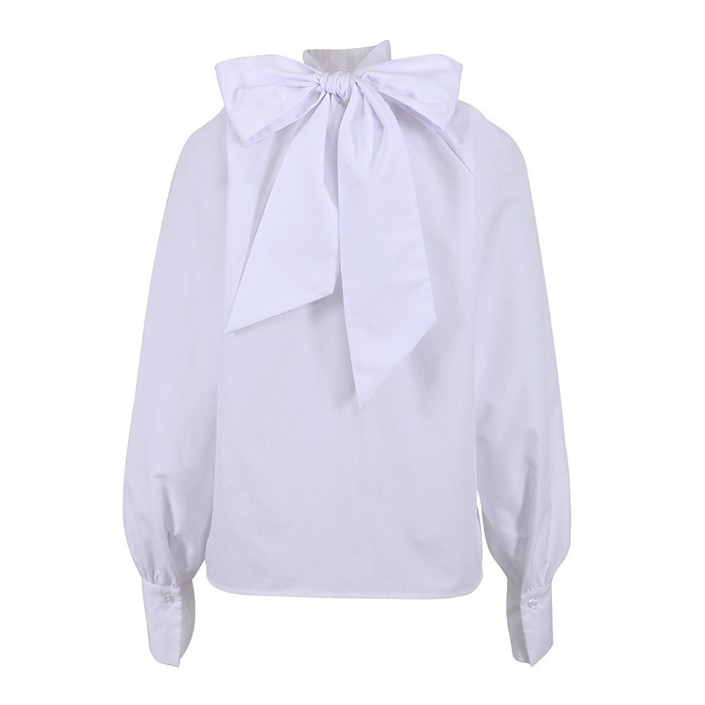 Fabulous Solid Color Ruched Bow Tie Trim High Neck Long Sleeve Blouse - White