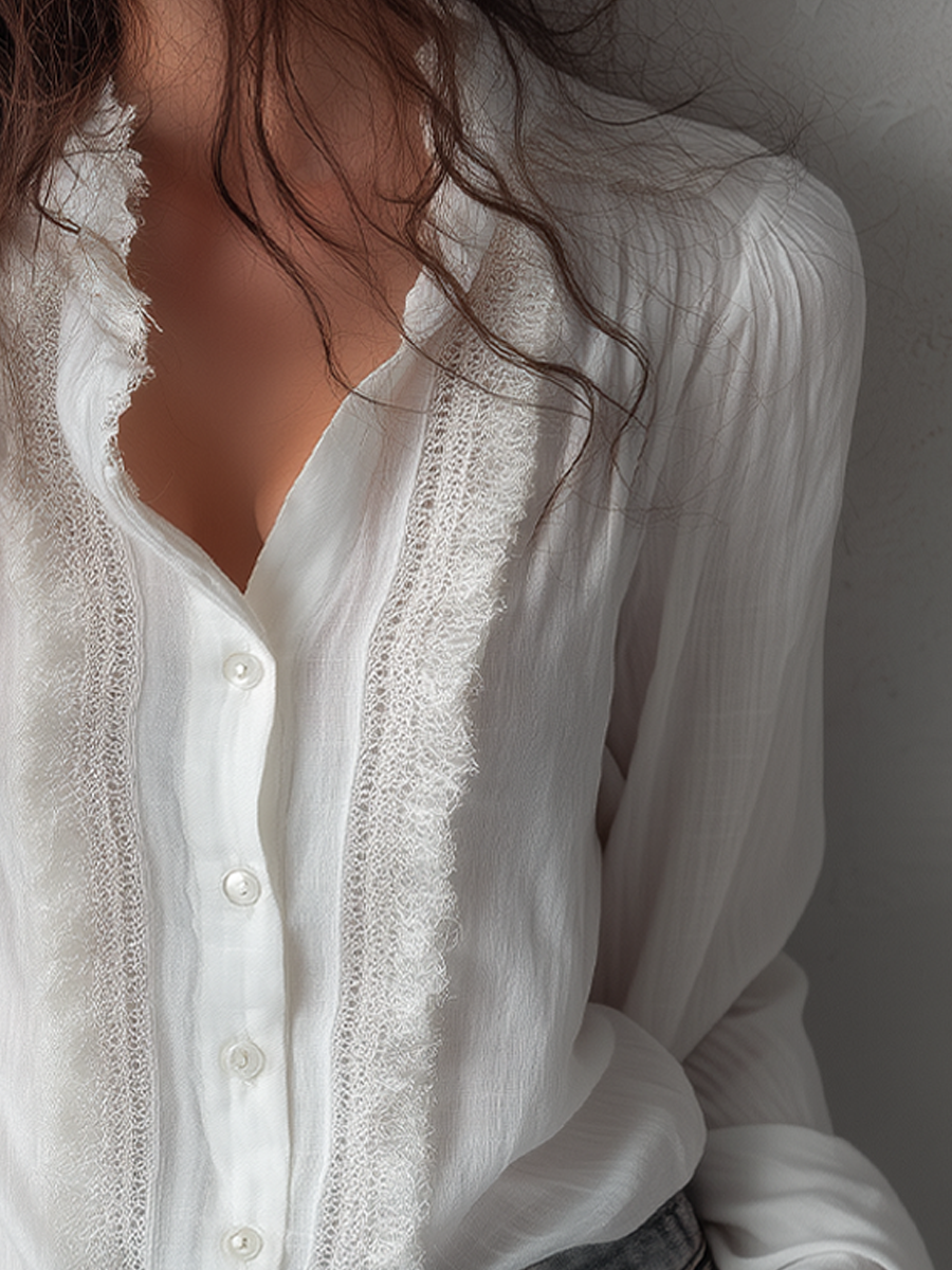 Vintage Lace Trim Long Sleeve Cotton Blouse - Fashionpara