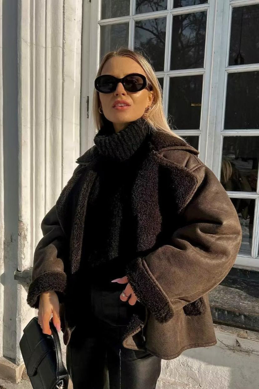 Oversized Shearling Collar Faux Suede Jacket 6