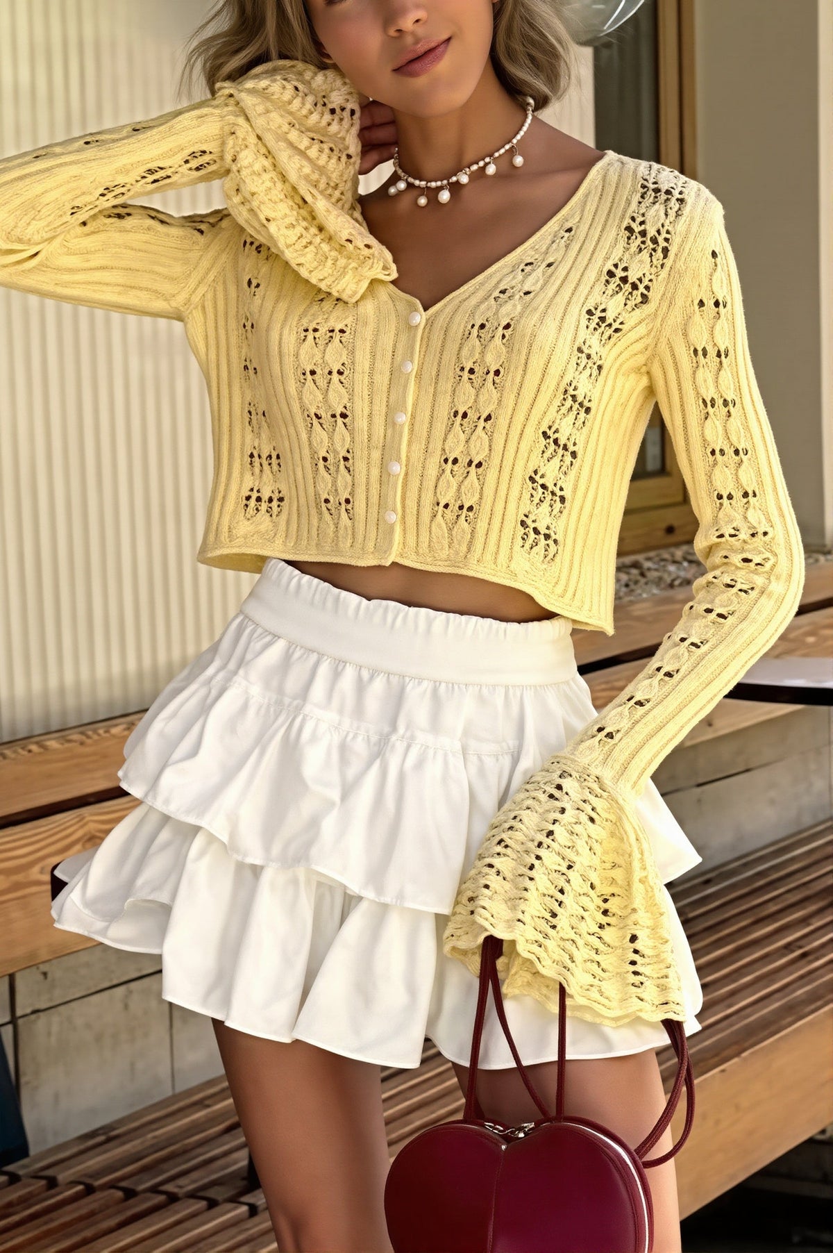 Openwork Flare Sleeve Cropped Cardigan 2