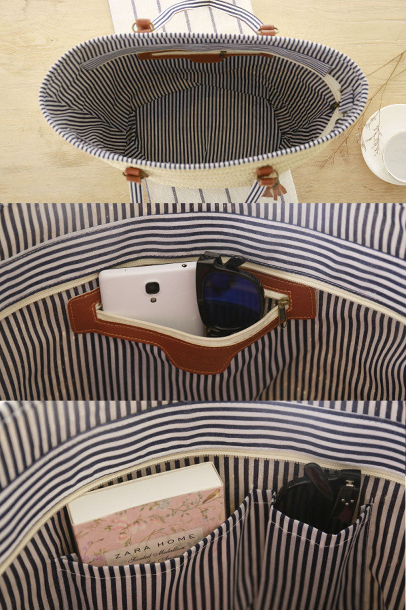 Trendy Leather Straps Woven Straw Beach Shoulder Bag - Fashionpara