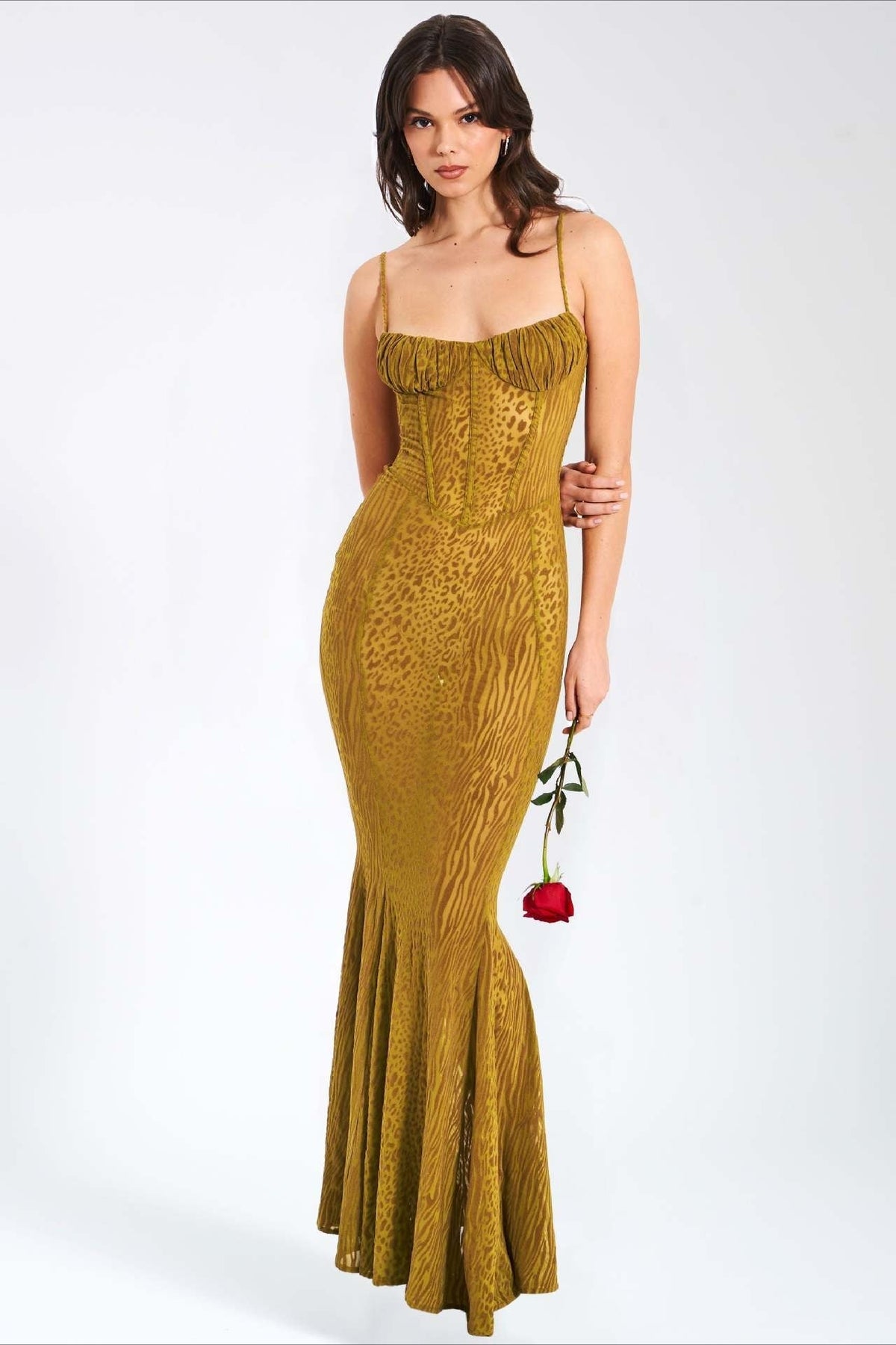 Leopard Print Bustier Corset Fishtail Maxi Gown