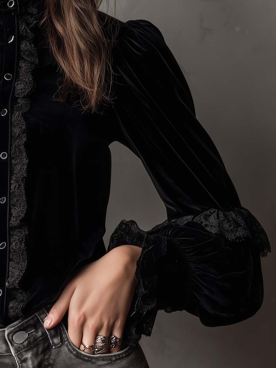 Velvet Ruffle Lace Blouse With Puff Sleeves - Fashionpara