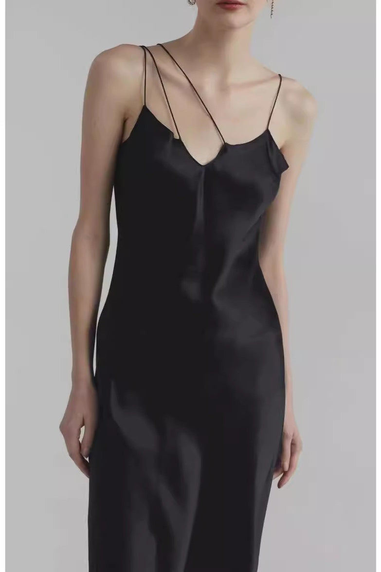 Satin Asymmetric-Strap V-Neck Bias-Cut Slip Dress 2