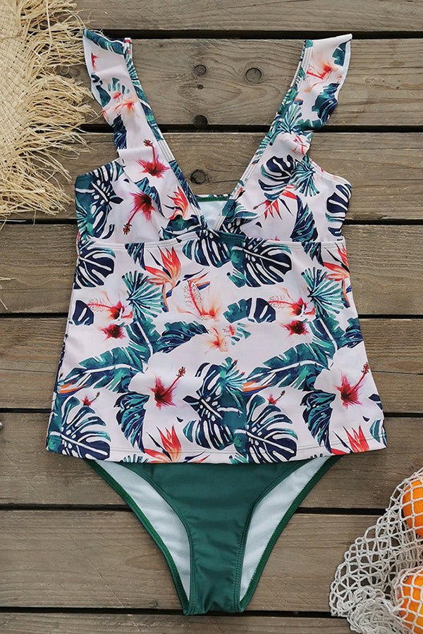Printed High Waist Ruffle Tankini - Fashionpara