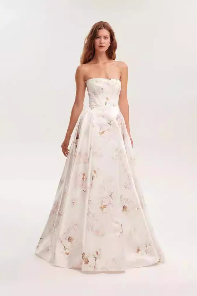 Floral Print Strapless Pleated A-Line Ball Gown