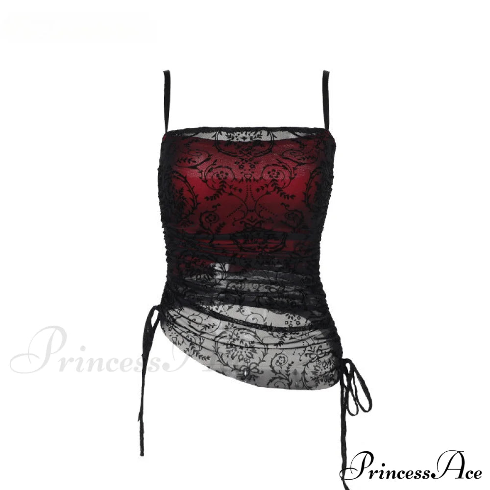 Fairy Grunge Vintage Sheer Flocking Patchwork Irregular Hem Crop Top