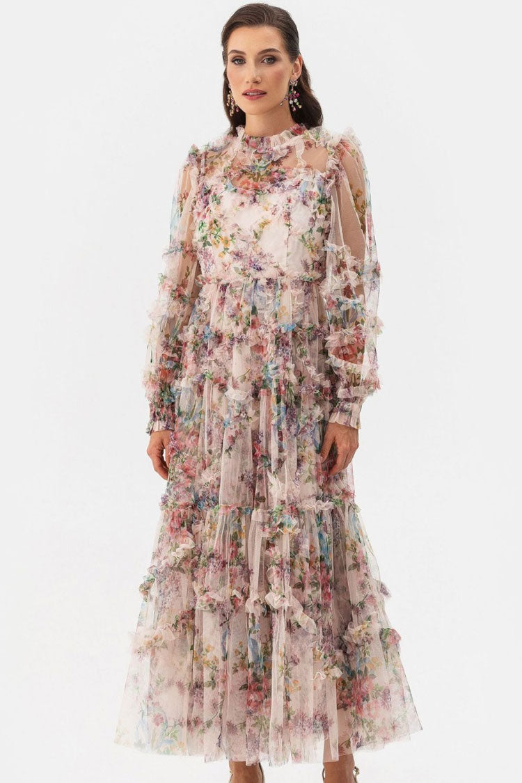 Mock Neck Bishop Sleeve Floral Tulle Tiered Ruffle Maxi Dress