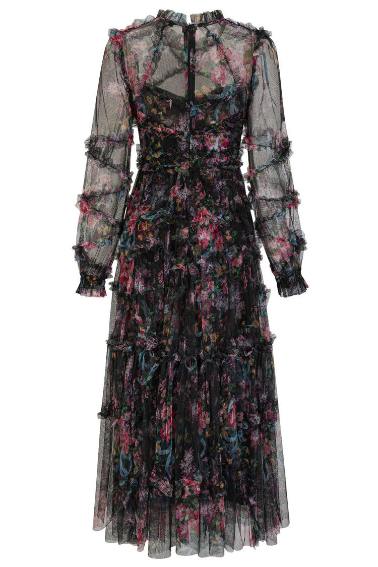 Floral Mock Neck Bishop Sleeve Tiered Ruffle Tulle Maxi Dress - View 5