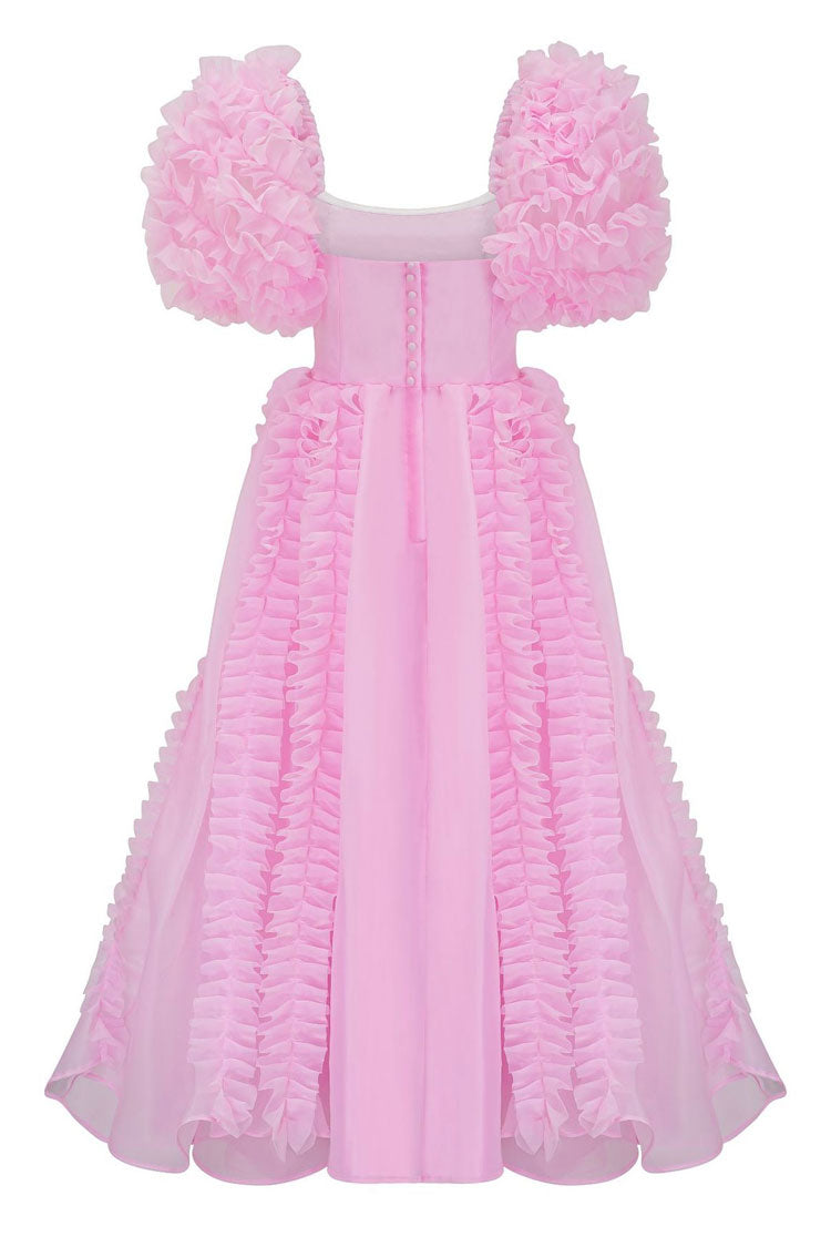 Satin Bodice Square Neck Puff Sleeve Ruffle Organza A-Line Maxi Dress - View 6