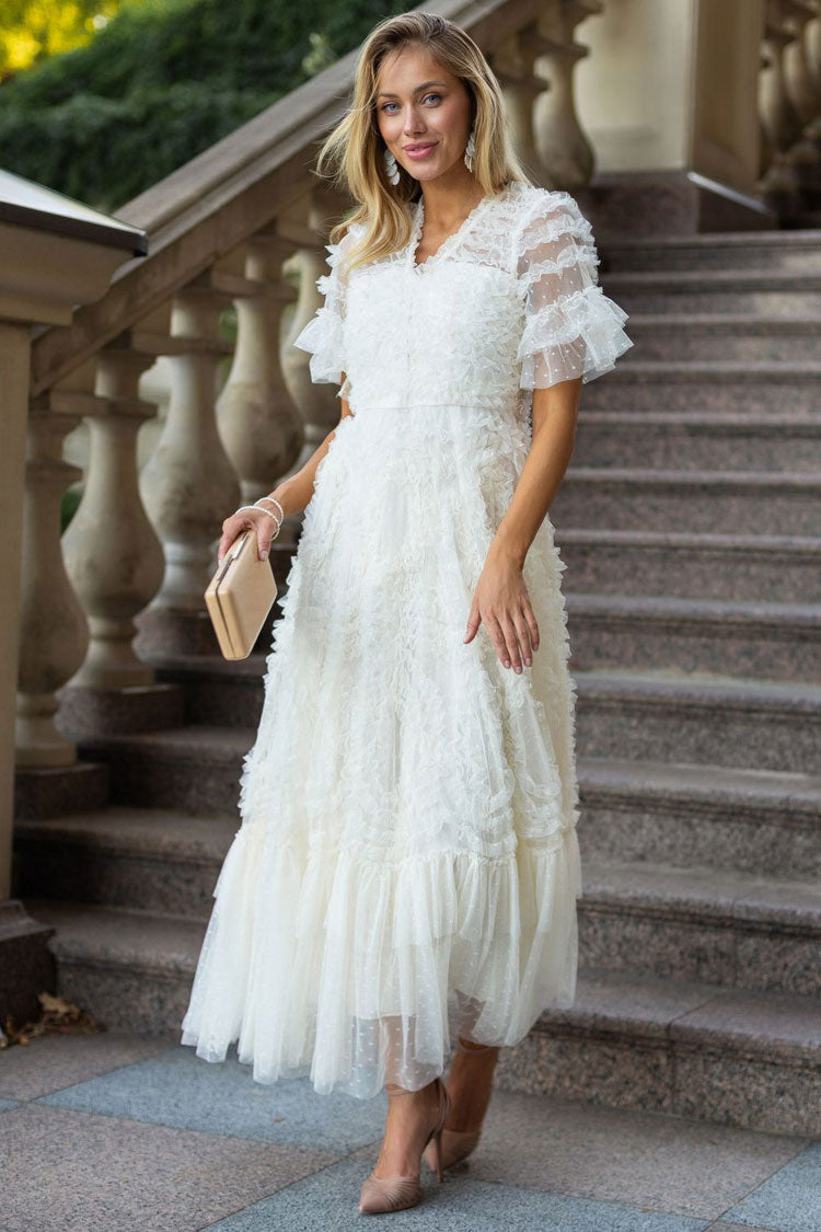 Fairy V Neck Flutter Sleeve Star Print Tulle Tiered Ruffle Maxi Gown Dress - Apricot Fashionpara