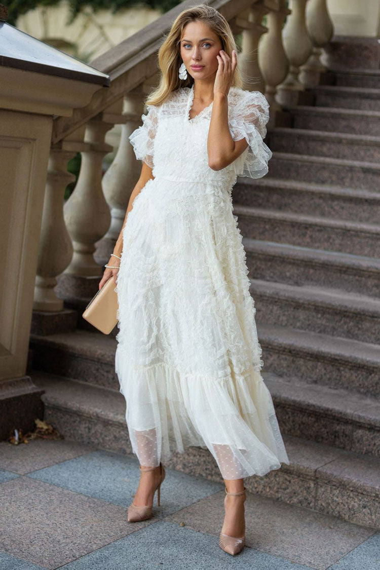 Fairy V Neck Flutter Sleeve Star Print Tulle Tiered Ruffle Maxi Gown Dress - Apricot Fashionpara