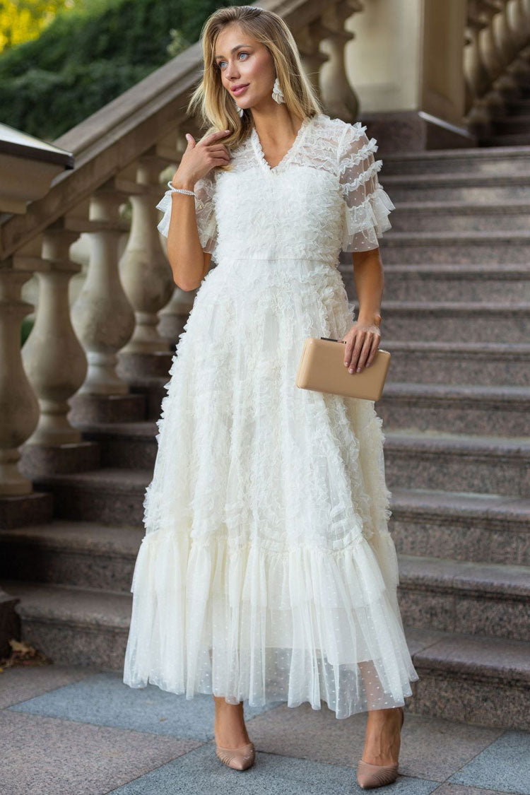 Fairy V Neck Flutter Sleeve Star Print Tulle Tiered Ruffle Maxi Gown Dress - Apricot Fashionpara