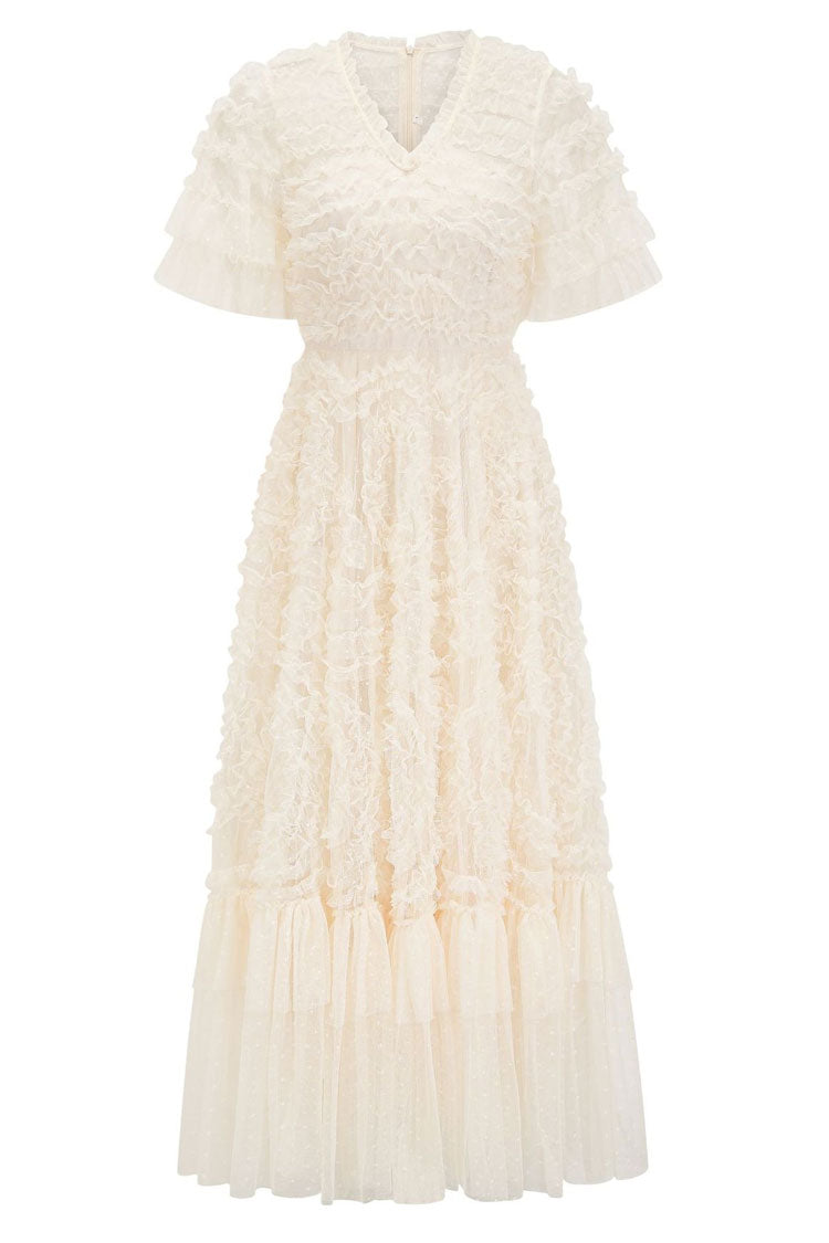 Fairy V Neck Flutter Sleeve Star Print Tulle Tiered Ruffle Maxi Gown Dress - Apricot Fashionpara