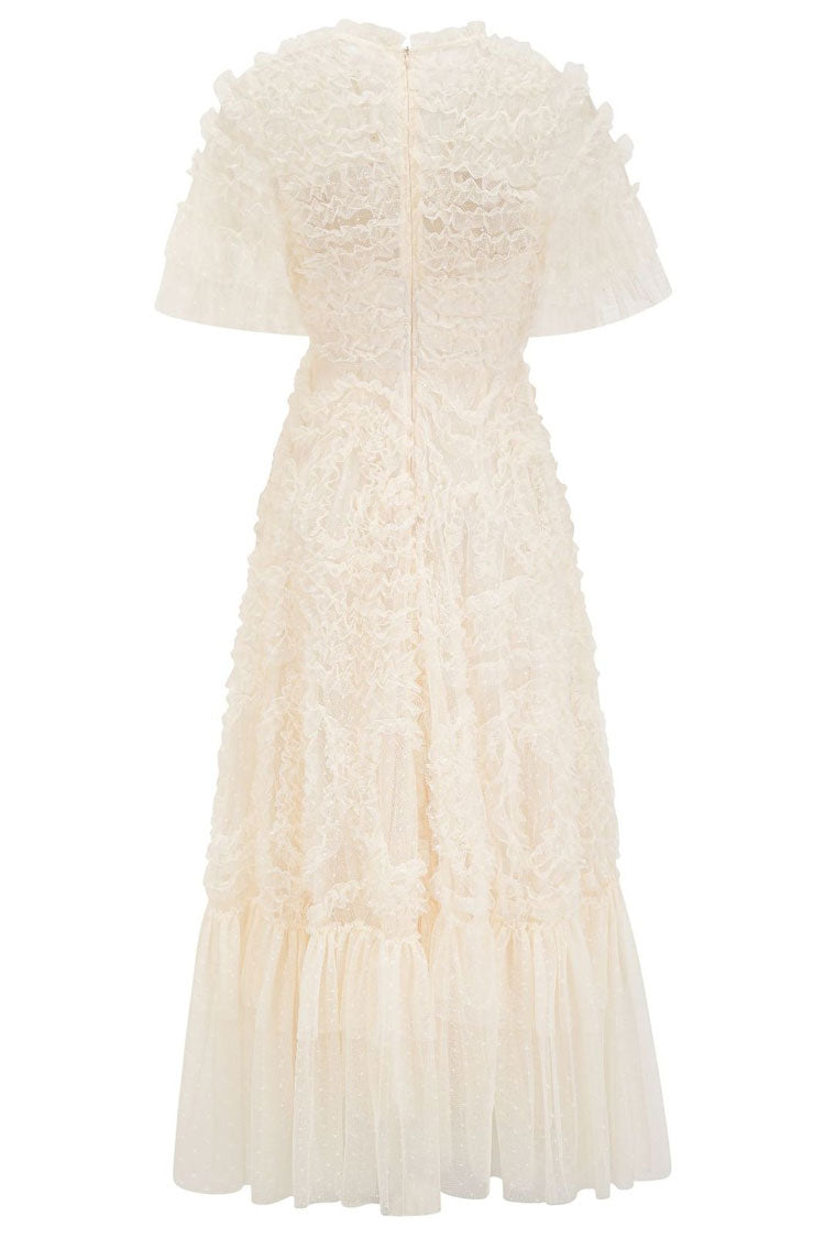 Fairy V Neck Flutter Sleeve Star Print Tulle Tiered Ruffle Maxi Gown Dress - Apricot Fashionpara