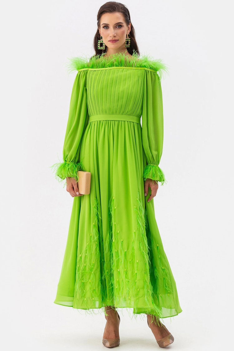 Fairytale Feather Trim Off Shoulder Evening Maxi Dress - Green