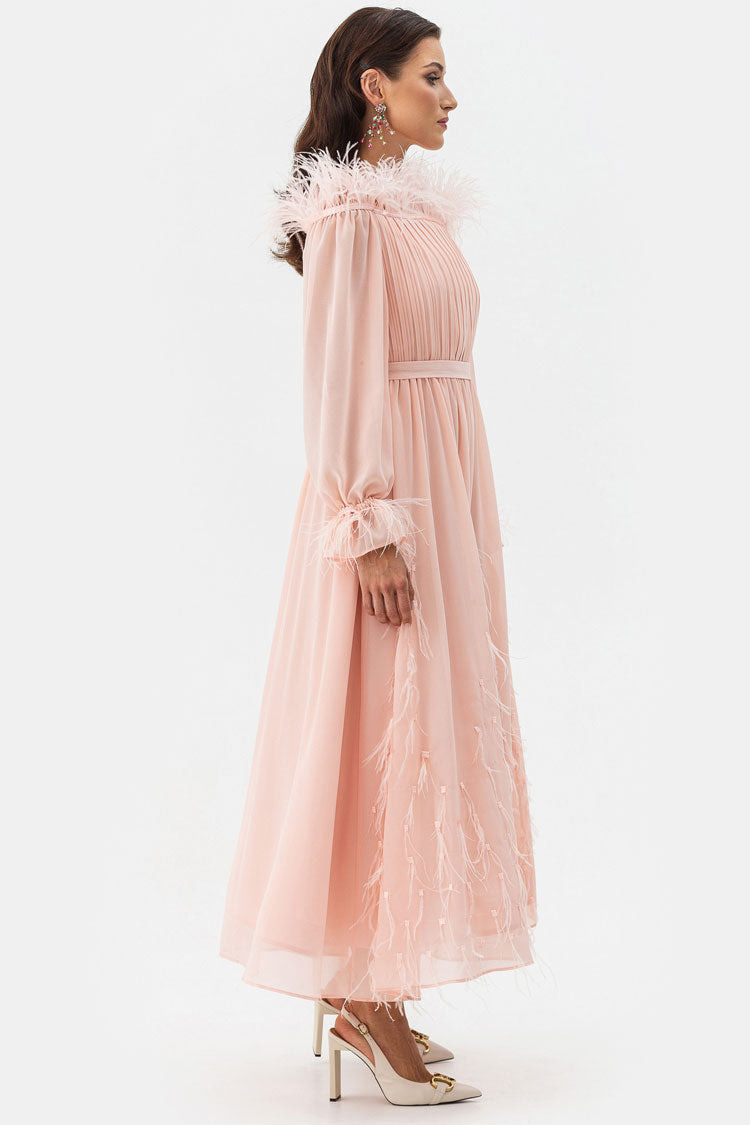 Fairytale Feather Trim Off Shoulder Pleated Chiffon Evening Maxi Dress - Pink - Fashionpara