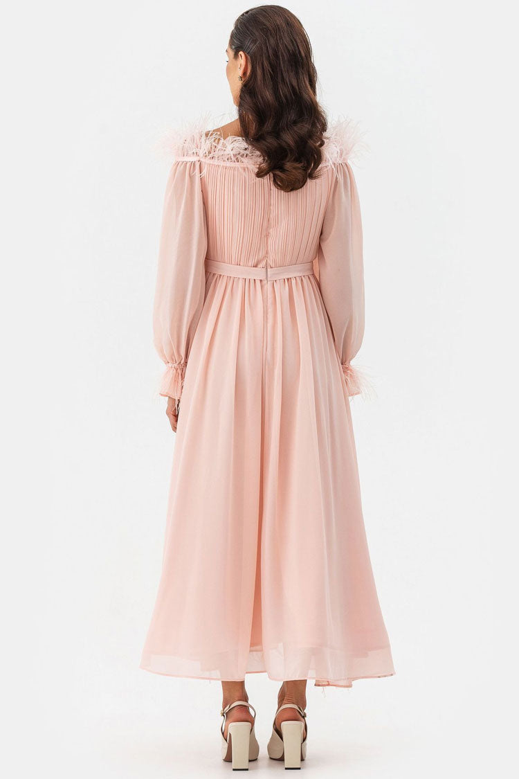 Fairytale Feather Trim Off Shoulder Pleated Chiffon Evening Maxi Dress - Pink - Fashionpara