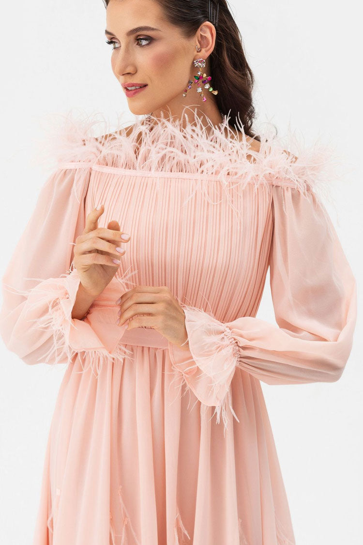 Fairytale Feather Trim Off Shoulder Pleated Chiffon Evening Maxi Dress - Pink - Fashionpara
