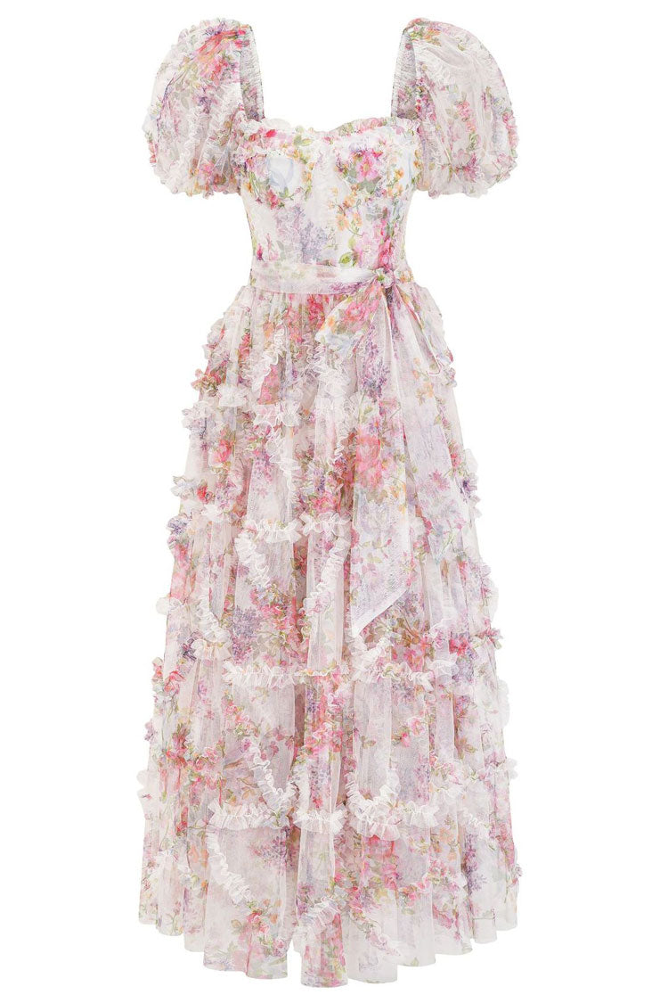Fairytale Floral Tulle Puff Sleeve Bow Tie Layered Ruffle Maxi Gown Dress - Cream Fashionpara