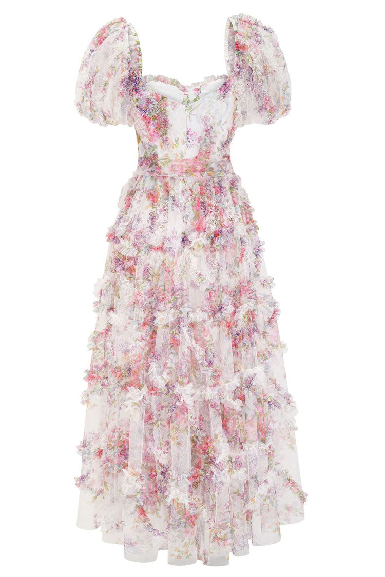 Fairytale Floral Tulle Puff Sleeve Bow Tie Layered Ruffle Maxi Gown Dress - Cream Fashionpara
