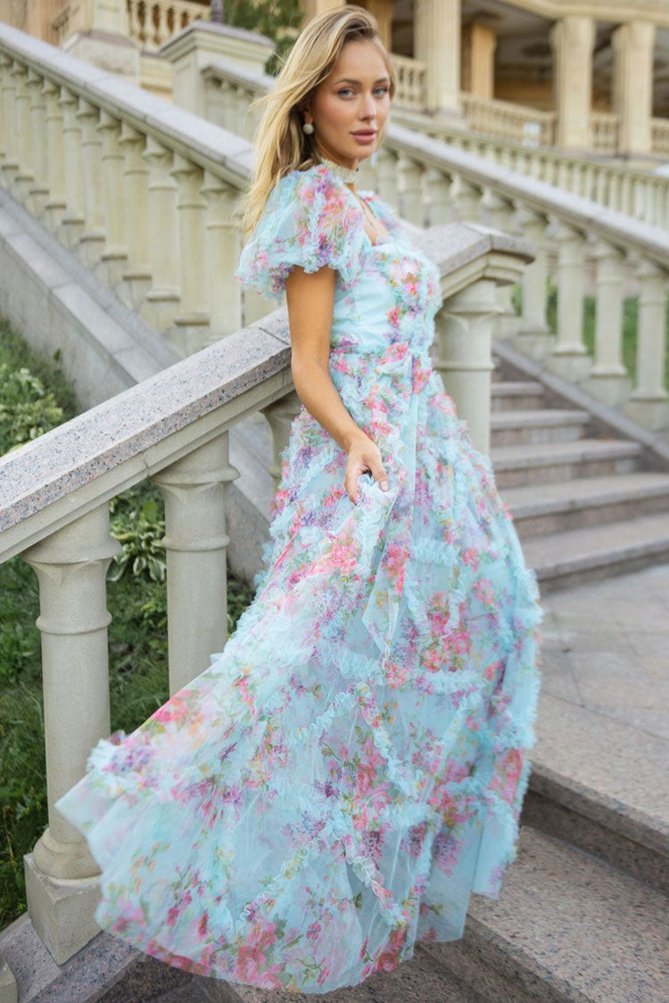 Fairytale Floral Tulle Puff Sleeve Bow Tie Layered Ruffle Maxi Gown Dress - Blue Fashionpara