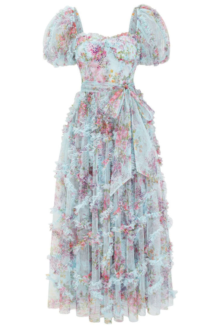 Fairytale Floral Tulle Puff Sleeve Bow Tie Layered Ruffle Maxi Gown Dress - Blue Fashionpara