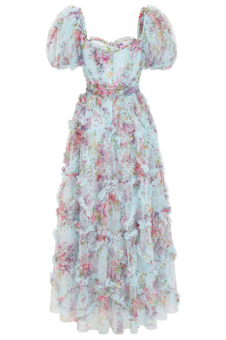 Fairytale Floral Tulle Puff Sleeve Bow Tie Layered Ruffle Maxi Gown Dress - Blue Fashionpara