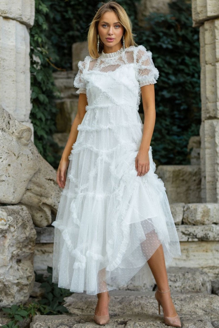 Fairytale Mock Neck Sleeved Dotted Tulle Tiered Ruffle Maxi Gown Dress - White Fashionpara