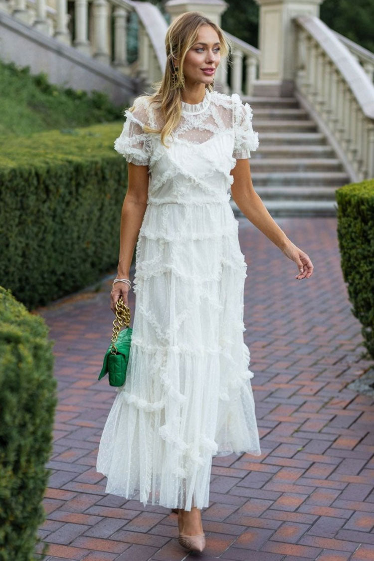 Fairytale Mock Neck Sleeved Dotted Tulle Tiered Ruffle Maxi Gown Dress - White Fashionpara