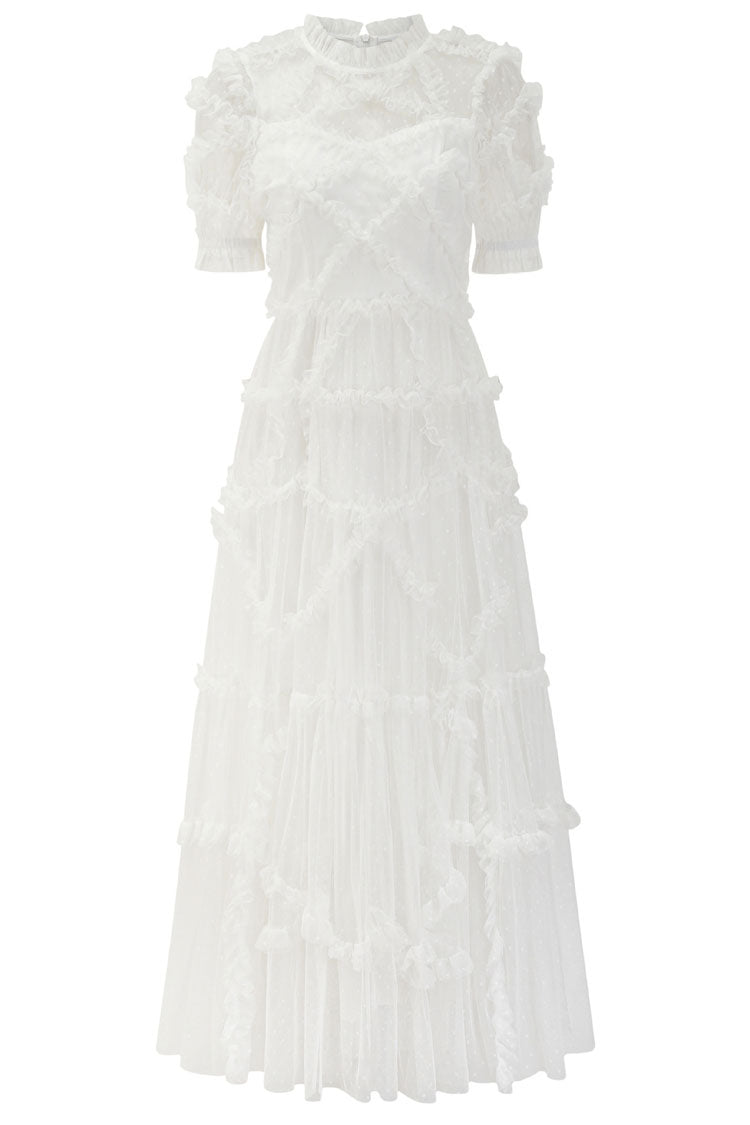 Fairytale Mock Neck Sleeved Dotted Tulle Tiered Ruffle Maxi Gown Dress - White Fashionpara