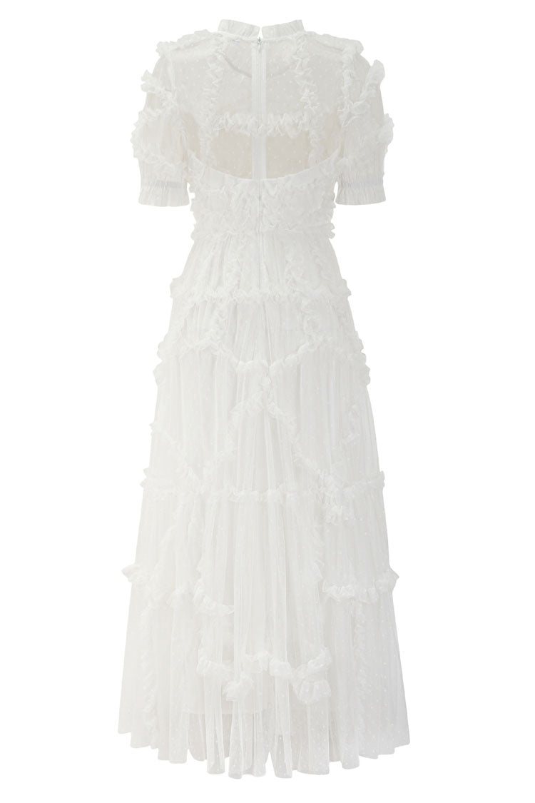 Fairytale Mock Neck Sleeved Dotted Tulle Tiered Ruffle Maxi Gown Dress - White Fashionpara