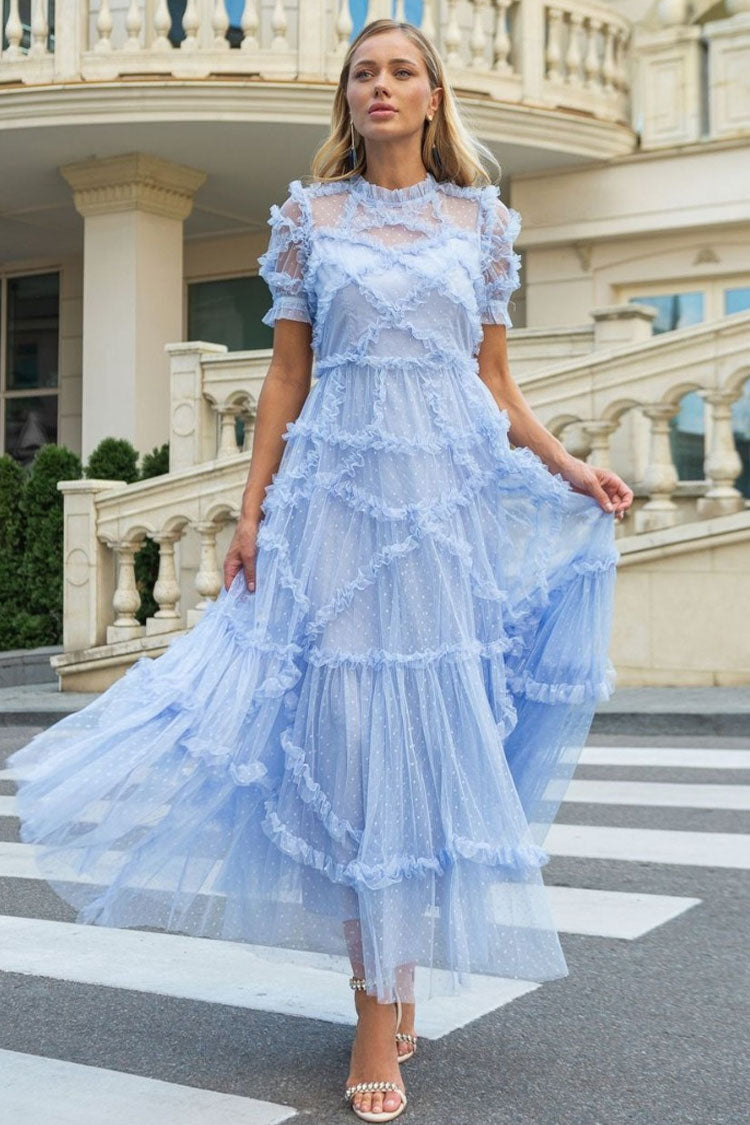 Fairytale Mock Neck Sleeved Dotted Tulle Tiered Ruffle Maxi Gown Dress - Blue  Fashionpara