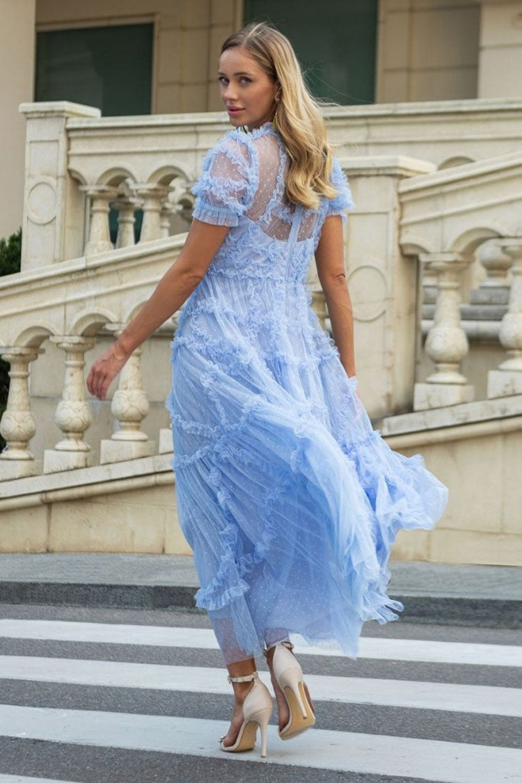 Fairytale Mock Neck Sleeved Dotted Tulle Tiered Ruffle Maxi Gown Dress - Blue Fashionpara