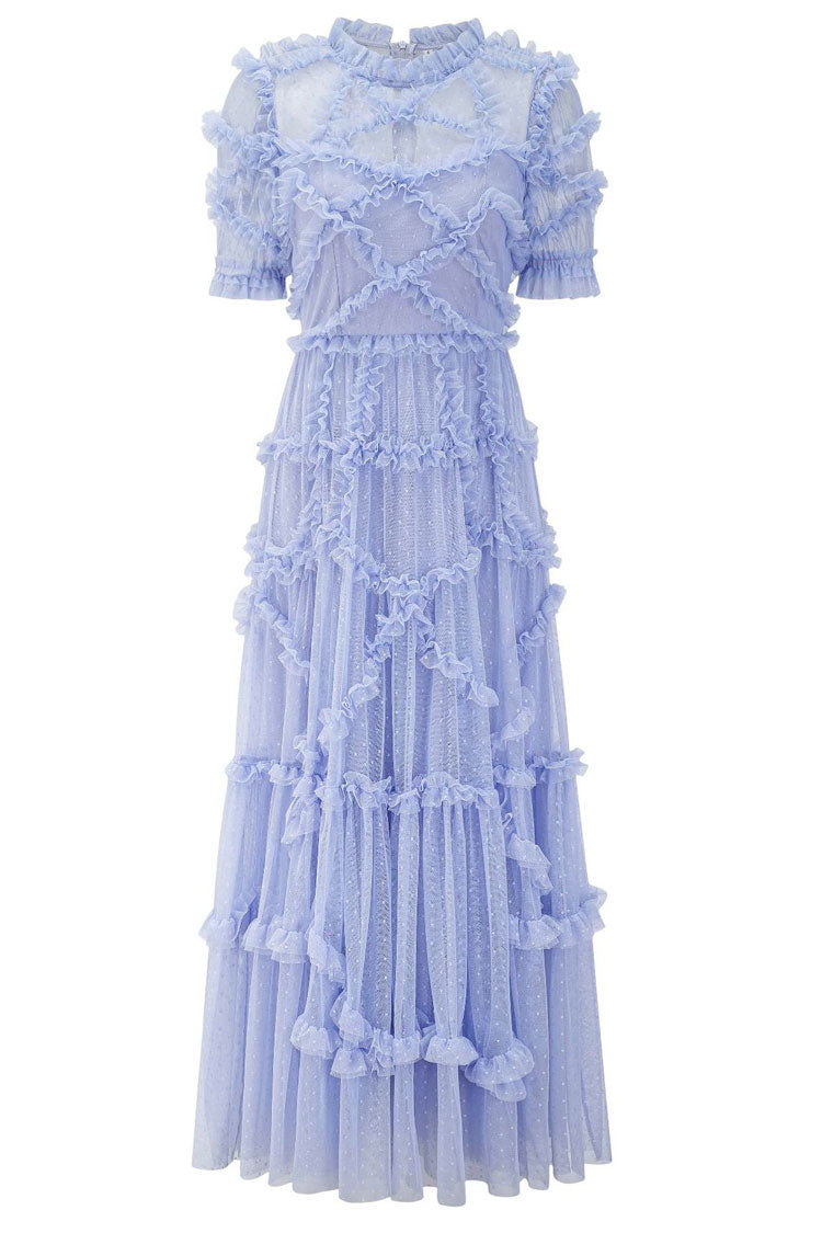 Fairytale Mock Neck Sleeved Dotted Tulle Tiered Ruffle Maxi Gown Dress - Blue Fashionpara