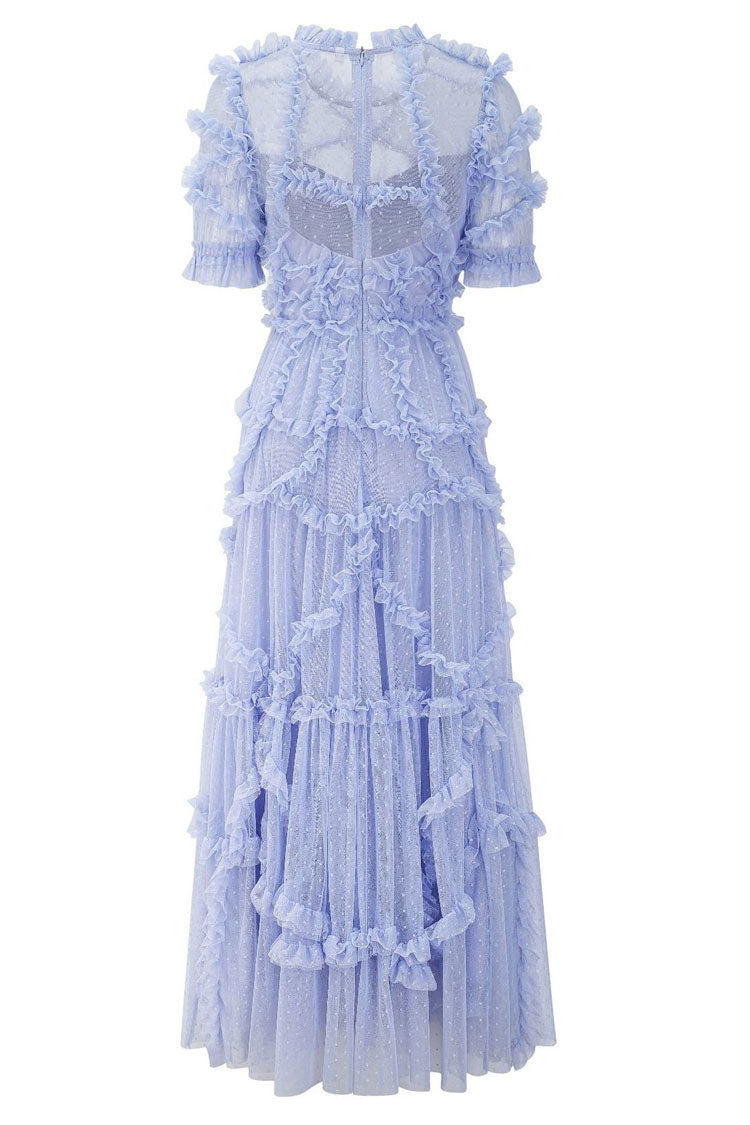 Fairytale Mock Neck Sleeved Dotted Tulle Tiered Ruffle Maxi Gown Dress - Blue Fashionpara