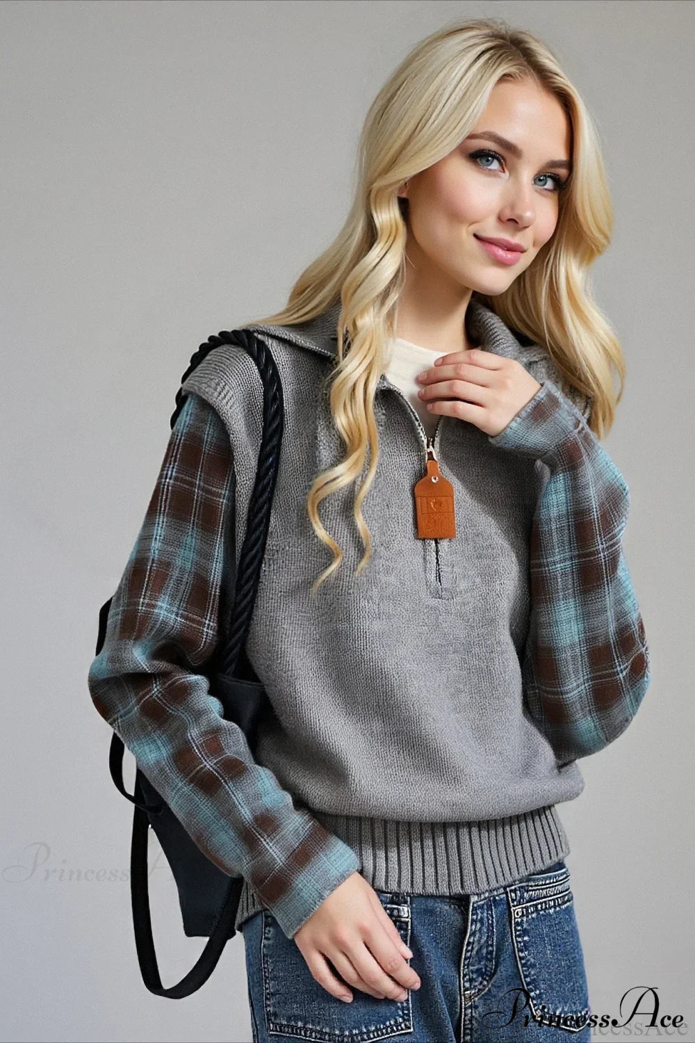PrincessAce Stylish Plaid Contrast Half Zip Sweater Top