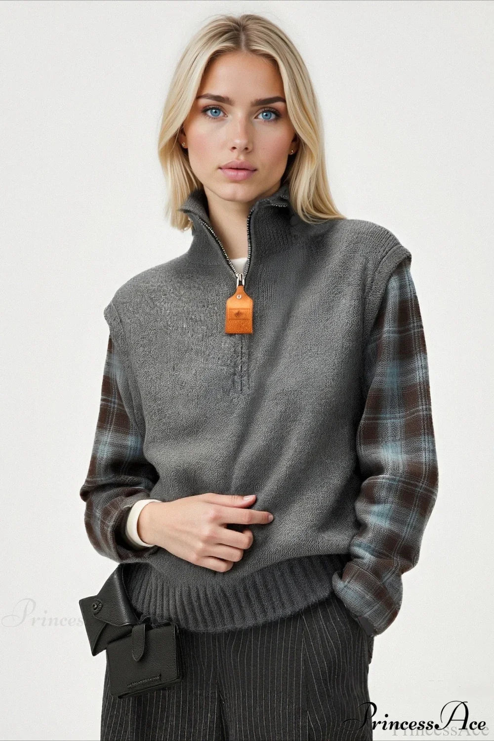 PrincessAce Stylish Plaid Contrast Half Zip Sweater Top
