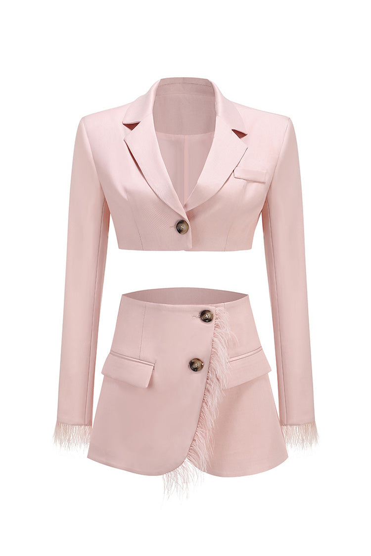 Fancy Feather Trim High Waist Long Sleeve Crop Blazer Two Piece Mini Dress - Fashionpara