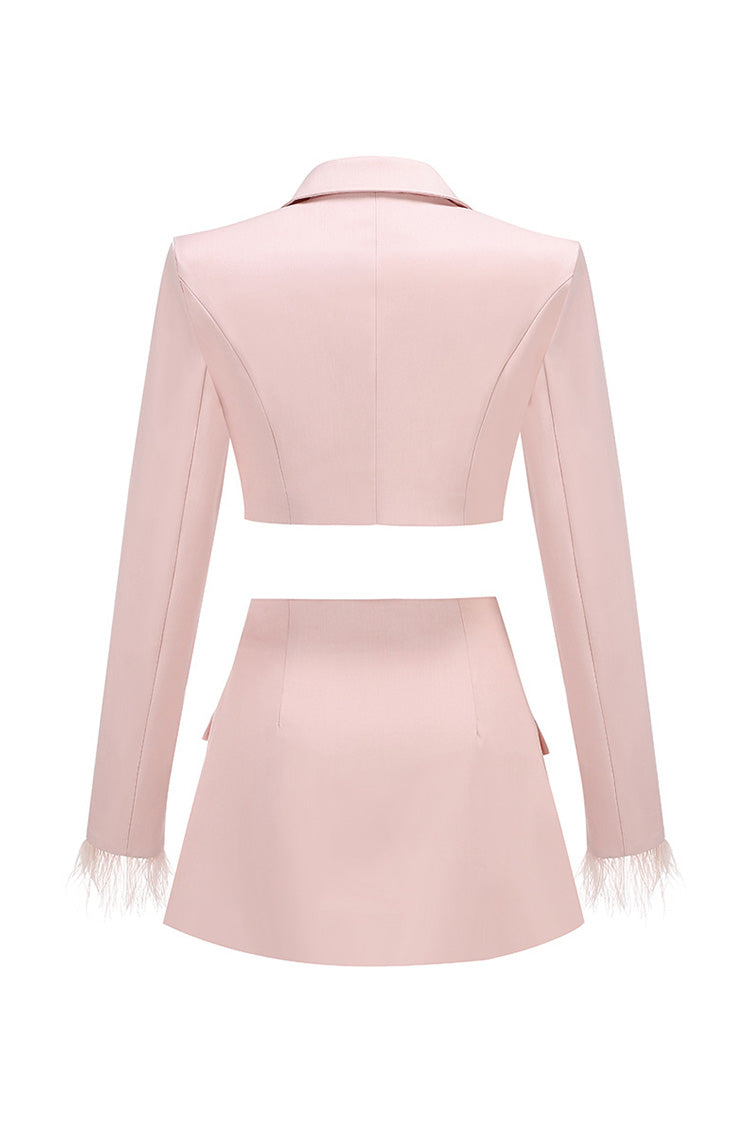Fancy Feather Trim High Waist Long Sleeve Crop Blazer Two Piece Mini Dress - Fashionpara