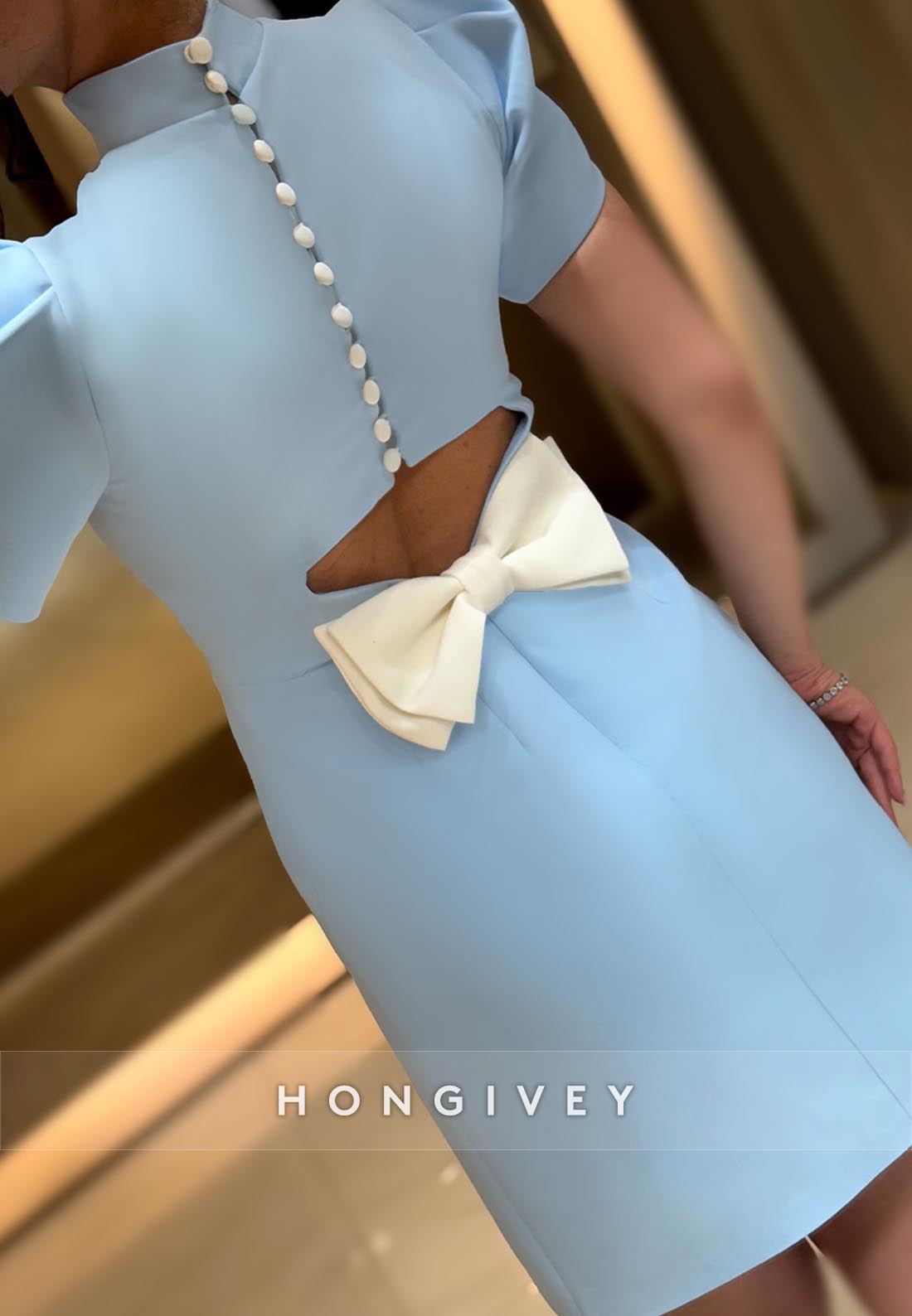 Bowknot Back Hole Sheath High Neck Short Sleeve Mini Party Dresses