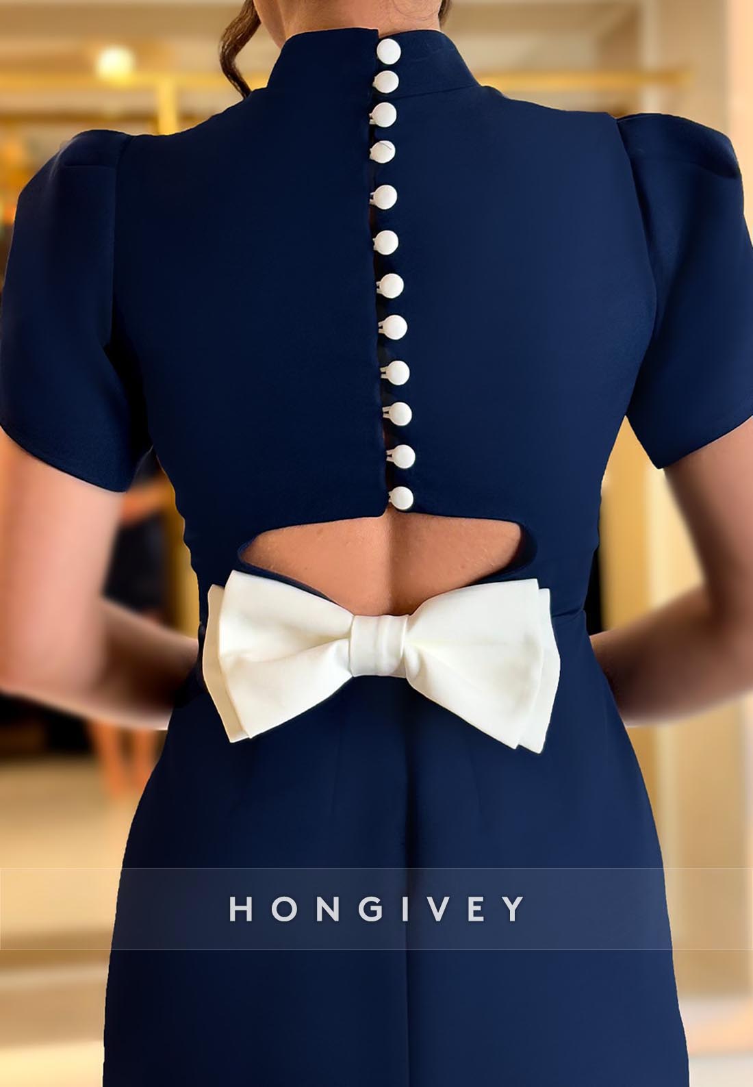 Bowknot Back Hole Sheath High Neck Short Sleeve Mini Party Dresses