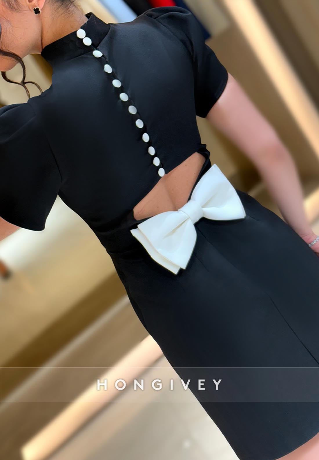Bowknot Back Hole Sheath High Neck Short Sleeve Mini Party Dresses