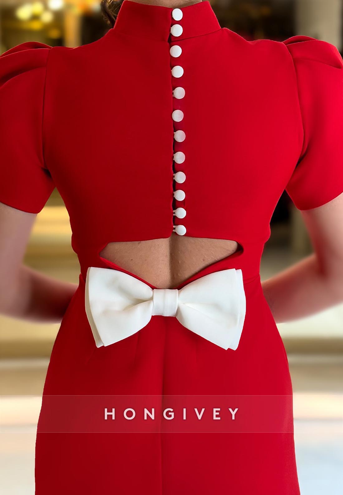 Bowknot Back Hole Sheath High Neck Short Sleeve Mini Party Dresses