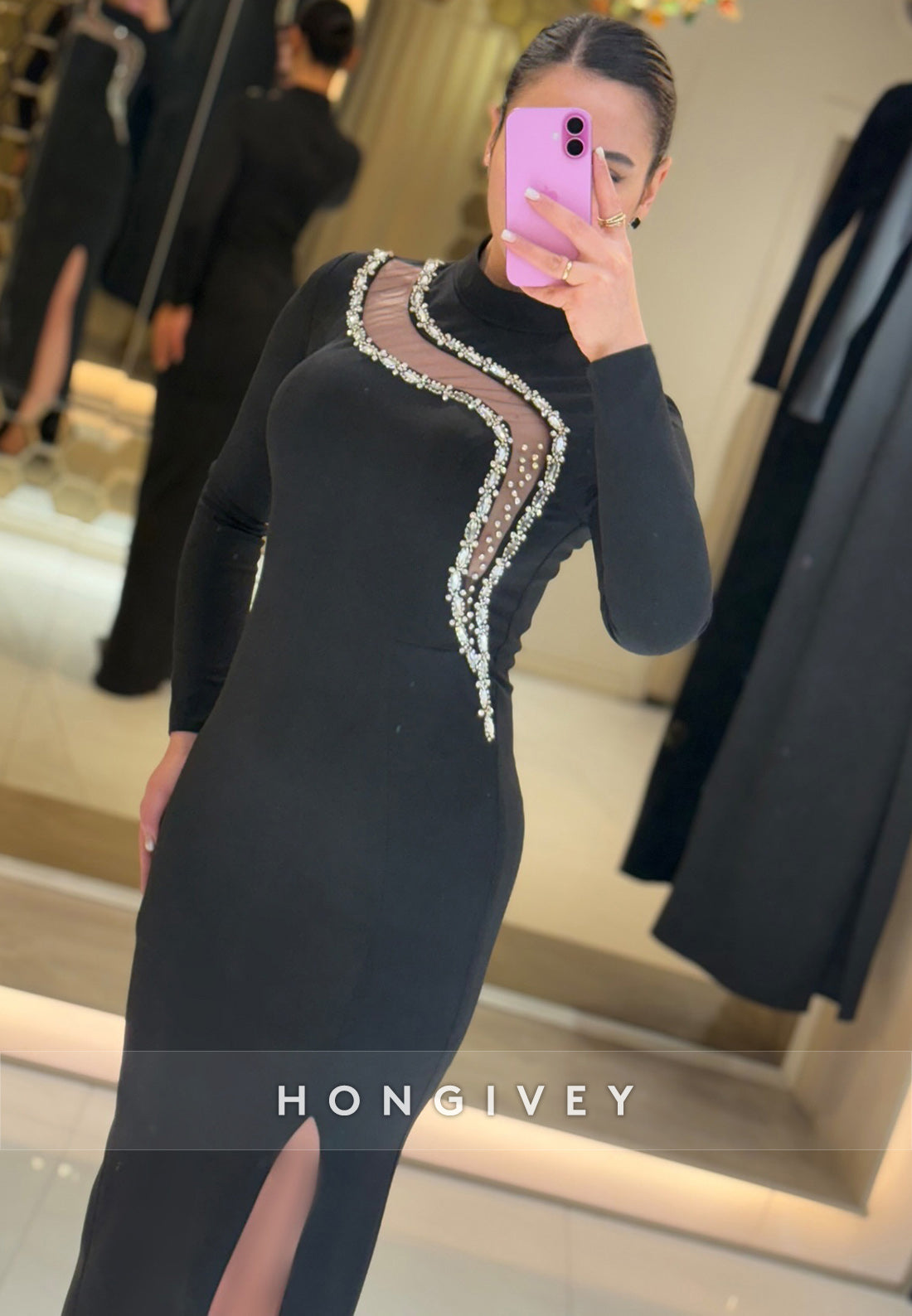 Beaded Floor-Length High Neck Satin Long Sleeve Pleated High Split Evening Gown