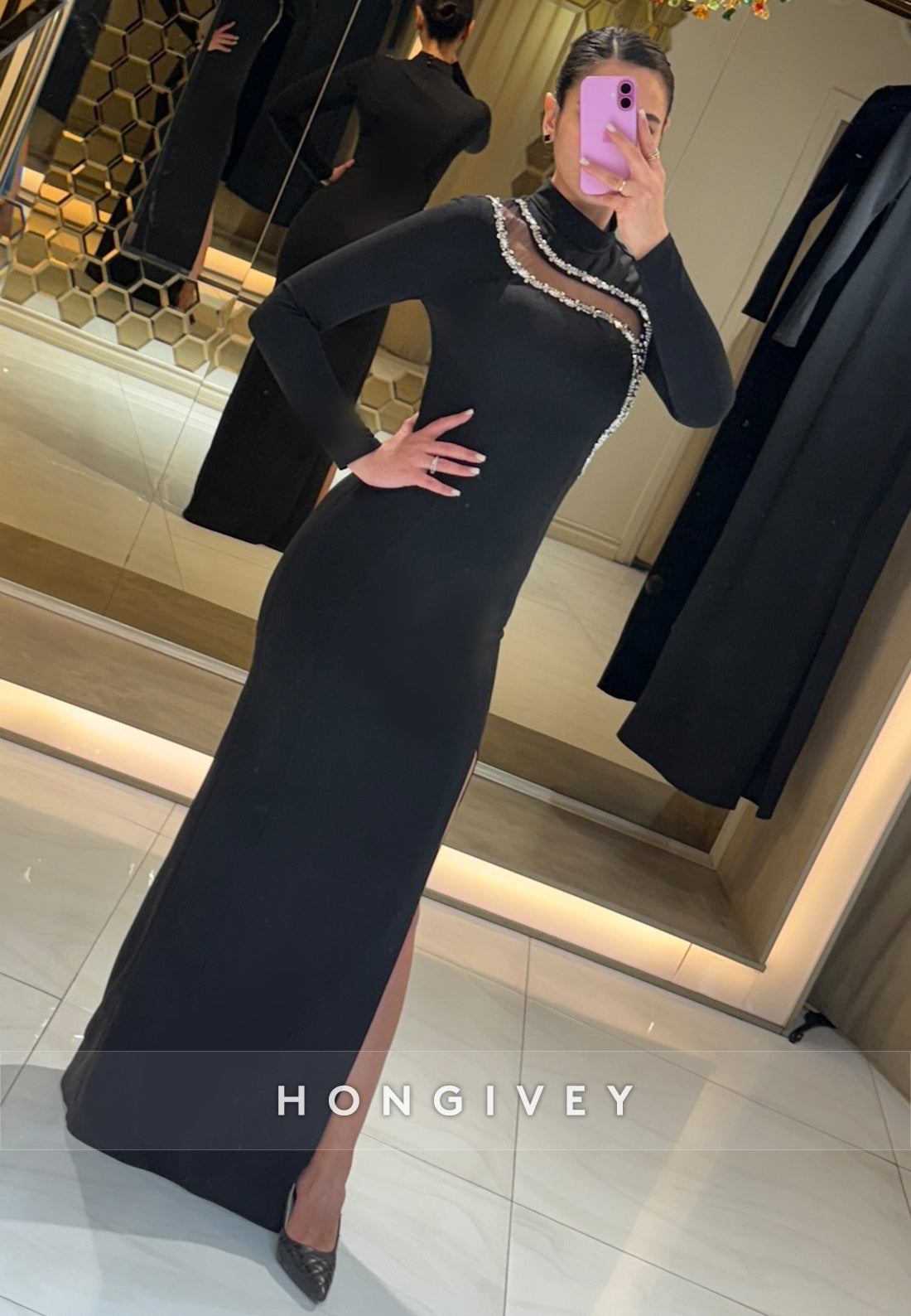 Beaded Floor-Length High Neck Satin Long Sleeve Pleated High Split Evening Gown