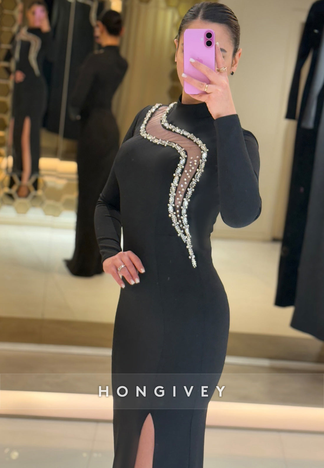 Beaded Floor-Length High Neck Satin Long Sleeve Pleated High Split Evening Gown