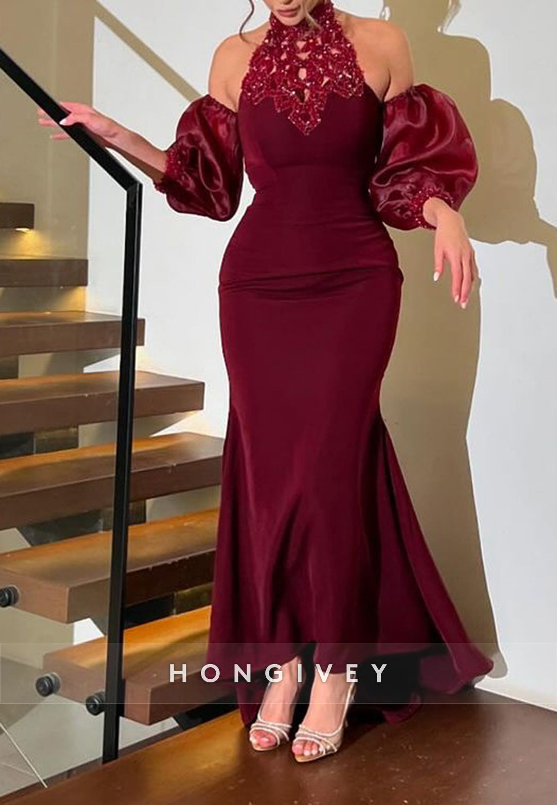 Puff Sleeves Evening Gown Trumpet Asymmetrical Halter Evening Gown